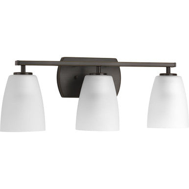 Leap Collection Three-Light Antique Bronze Etched Glass Modern Bath Vanity Light - Damp Location Listed