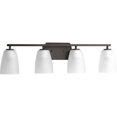 Leap Collection Four-Light Antique Bronze Etched Glass Modern Bath Vanity Light - Damp Location Listed