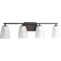 Leap Collection Four-Light Antique Bronze Etched Glass Modern Bath Vanity Light - Damp Location Listed
