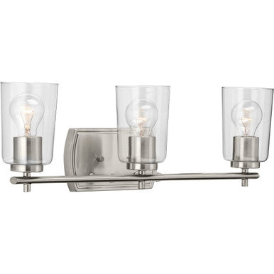 Adley Collection Three-Light Brushed Nickel Clear Glass New Traditional Bath Vanity Light - Damp Location Listed