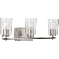 Adley Collection Three-Light Brushed Nickel Clear Glass New Traditional Bath Vanity Light - Damp Location Listed