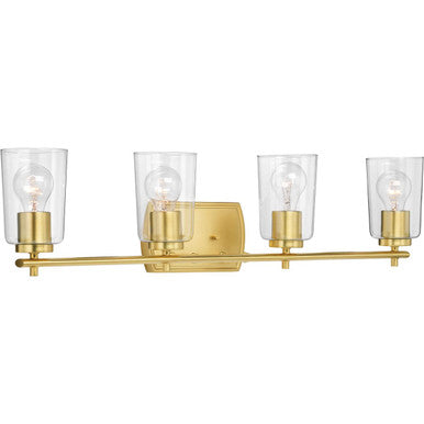 Adley Collection Four-Light Satin Brass Clear Glass New Traditional Bath Vanity Light - Damp Location Listed