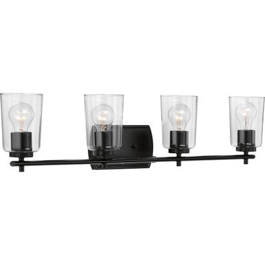 Adley Collection Four-Light Matte Black Clear Glass New Traditional Bath Vanity Light - Damp Location Listed