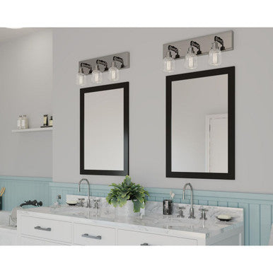 Rushton Collection Three-Light Brushed Nickel Clear Glass Farmhouse Bath Vanity Light - Damp Location Listed