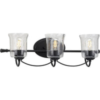 Bowman Collection Three-Light Matte Black Clear Chiseled Glass Coastal Bath Vanity Light - Damp Location Listed