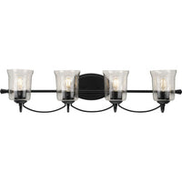 Bowman Collection Four-Light Matte Black Clear Chiseled Glass Coastal Bath Vanity Light - Damp Location Listed