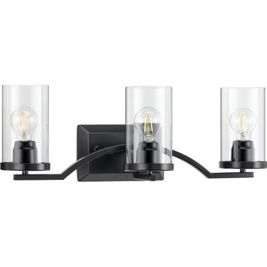 Lassiter Collection Three-Light Matte Black Clear Glass Modern Bath Vanity Light - Damp Location Listed