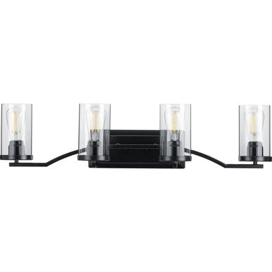 Lassiter Collection Four-Light Matte Black Clear Glass Modern Bath Vanity Light - Damp Location Listed