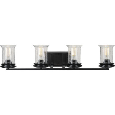 Winslett Collection Four-Light Matte Black Clear Seeded Glass Coastal Bath Vanity Light - Damp Location Listed