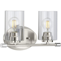 Riley Collection Two-Light Brushed Nickel Clear Glass Modern Bath Vanity Light - Damp Location Listed