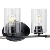 Riley Collection Two-Light Matte Black Clear Glass Modern Bath Vanity Light - Damp Location Listed