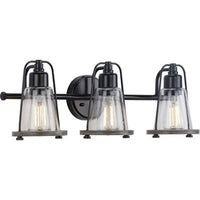 Conway Collection Three-Light Matte Black and Clear Seeded Farmhouse Style Bath Vanity Wall Light - Damp Location Listed