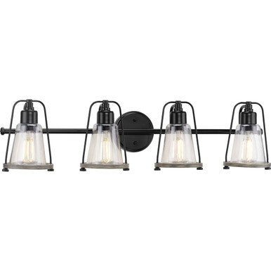 Conway Collection Four-Light Matte Black and Clear Seeded Farmhouse Style Bath Vanity Wall Light - Damp Location Listed