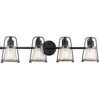 Conway Collection Four-Light Matte Black and Clear Seeded Farmhouse Style Bath Vanity Wall Light - Damp Location Listed
