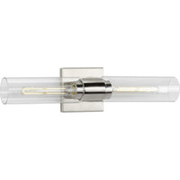 Clarion Collection Two-Light Brushed Nickel and Clear Glass Modern Style Bath Vanity Wall Light - Damp Location Listed