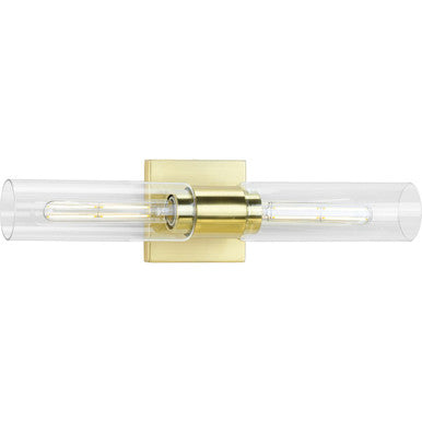 Clarion Collection Two-Light Satin Brass Clear and Glass Modern Style Bath Vanity Wall Light - Damp Location Listed