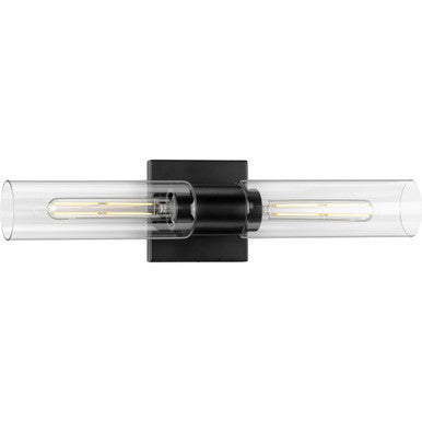 Clarion Collection Two-Light Matte Black and Clear Glass Modern Style Bath Vanity Wall Light - Damp Location Listed