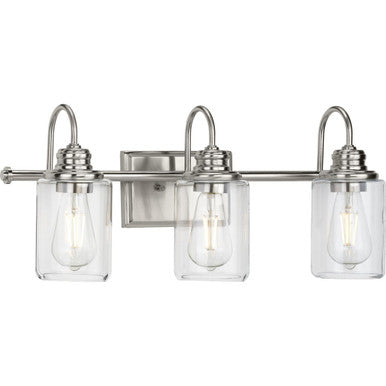 Aiken Collection Three-Light Clear Glass Brushed Nickel Farmhouse Style Bath Vanity Wall Light - Damp Location Listed