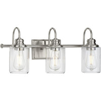 Aiken Collection Three-Light Clear Glass Brushed Nickel Farmhouse Style Bath Vanity Wall Light - Damp Location Listed
