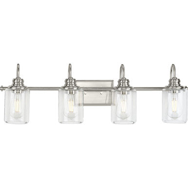 Aiken Collection Four-Light Brushed Nickel Clear Glass Farmhouse Style Bath Vanity Wall Light - Damp Location Listed