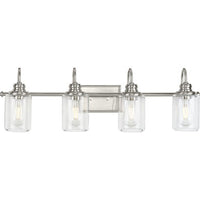 Aiken Collection Four-Light Brushed Nickel Clear Glass Farmhouse Style Bath Vanity Wall Light - Damp Location Listed