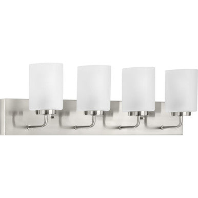 Merry Collection Four-Light Brushed Nickel and Etched Glass Transitional Style Bath Vanity Wall Light - Damp Location Listed