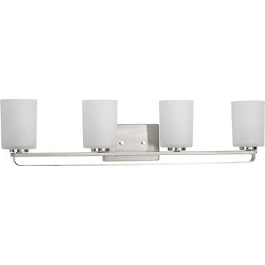 League Collection Four-Light Brushed Nickel and Etched Glass Modern Farmhouse Bath Vanity Light - Damp Location Listed