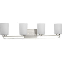 League Collection Four-Light Brushed Nickel and Etched Glass Modern Farmhouse Bath Vanity Light - Damp Location Listed