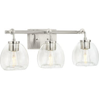 Caisson Collection Three-Light Brushed Nickel Clear Glass Urban Industrial Bath Vanity Light - Damp Location Listed
