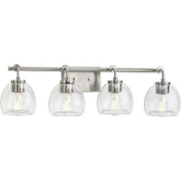 Caisson Collection Four-Light Brushed Nickel Clear Glass Urban Industrial Bath Vanity Light - Damp Location Listed