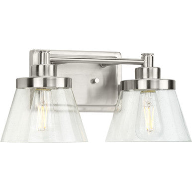 Hinton Collection Two-Light Brushed Nickel Clear Seeded Glass Farmhouse Bath Vanity Light - Damp Location Listed