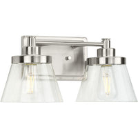 Hinton Collection Two-Light Brushed Nickel Clear Seeded Glass Farmhouse Bath Vanity Light - Damp Location Listed