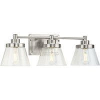 Hinton Collection Three-Light Brushed Nickel Clear Seeded Glass Farmhouse Bath Vanity Light - Damp Location Listed