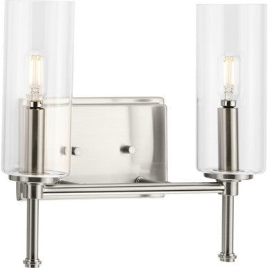 Elara Collection Two-Light New Traditional Brushed Nickel Clear Glass Bath Vanity Light - Damp Location Listed