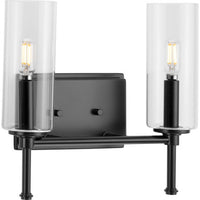 Elara Collection Two-Light New Traditional Matte Black Clear Glass Bath Vanity Light - Damp Location Listed