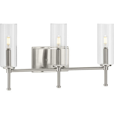 Elara Collection Three-Light Brushed Nickel Clear Glass New Traditional Bath Vanity Light - Damp Location Listed