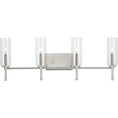 Elara Collection Four-Light New Traditional Brushed Nickel Clear Glass Bath Vanity Light - Damp Location Listed