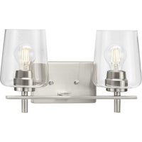 Calais Collection Two-Light New Traditional Brushed Nickel Clear Glass Bath Vanity Light - Damp Location Listed