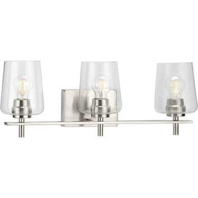 Calais Collection Three-Light Brushed Nickel Clear Glass New Traditional Bath Vanity Light - Damp Location Listed