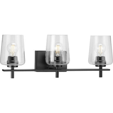 Calais Collection Three-Light Matte Black Clear Glass New Traditional Bath Vanity Light - Damp Location Listed