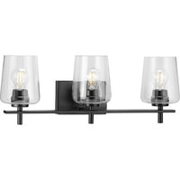 Calais Collection Three-Light Matte Black Clear Glass New Traditional Bath Vanity Light - Damp Location Listed