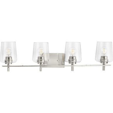 Calais Collection Four-Light New Traditional Brushed Nickel Clear Glass Bath Vanity Light - Damp Location Listed