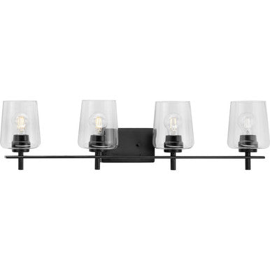 Calais Collection Four-Light New Traditional Matte Black Clear Glass Bath Vanity Light - Damp Location Listed