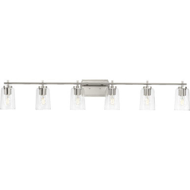 Adley Collection Six-Light New Traditional Brushed Nickel Clear Glass Bath Vanity Light - Damp Location Listed