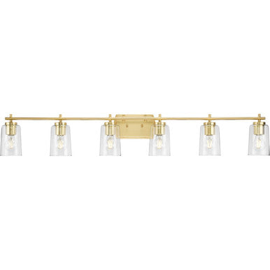 Adley Collection Six-Light New Traditional Satin Brass Clear Glass Bath Vanity Light - Damp Location Listed