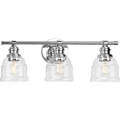 Ambrose Collection Three-Light Farmhouse Polished Chrome Clear Glass Bath Vanity Light - Damp Location Listed