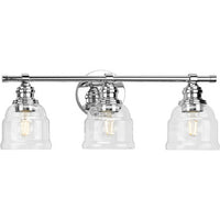 Ambrose Collection Three-Light Farmhouse Polished Chrome Clear Glass Bath Vanity Light - Damp Location Listed