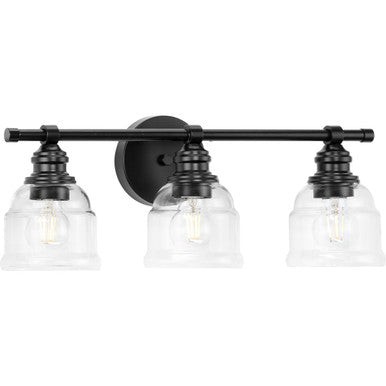 Ambrose Collection Three-Light Farmhouse Matte Black Clear Glass Bath Vanity Light - Damp Location Listed