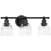 Ambrose Collection Three-Light Farmhouse Matte Black Clear Glass Bath Vanity Light - Damp Location Listed