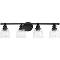 Ambrose Collection Four-Light Farmhouse Matte Black Clear Glass Bath Vanity Light - Damp Location Listed